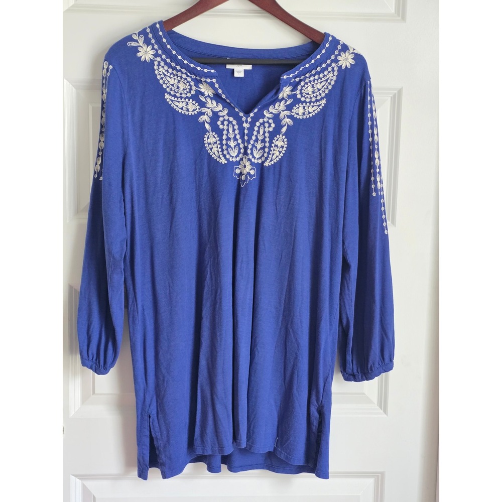 J. Jill Royal Blue Embroidered Split Neck Tunic Top Large Three Quarter Sleeve